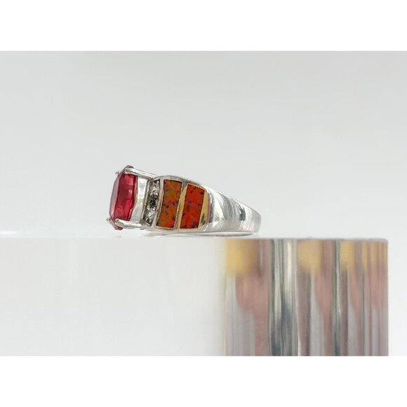 Bright Garnet & Faux Opal Modernist Sterling Silver Vintage Ring - sz 6.5 - Picture 5 of 10